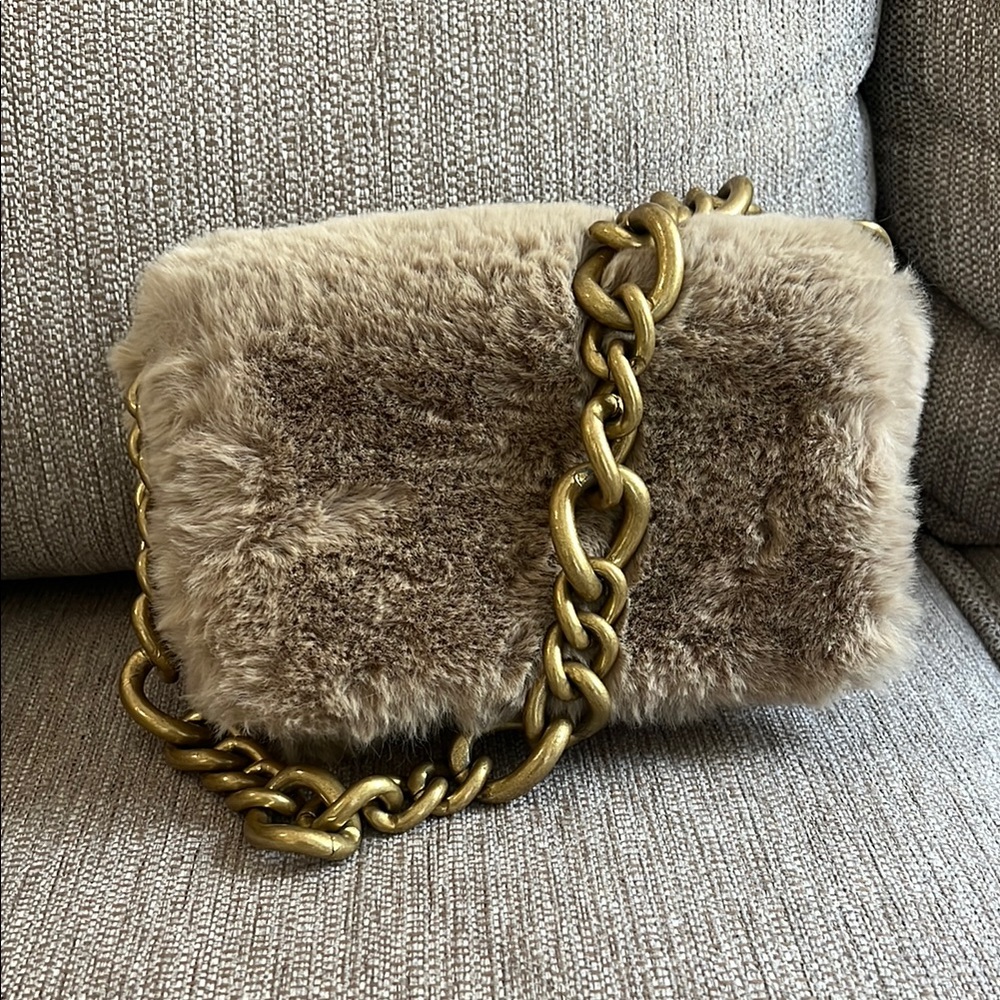Tan Plush Shoulder Bag with Gold Chain
